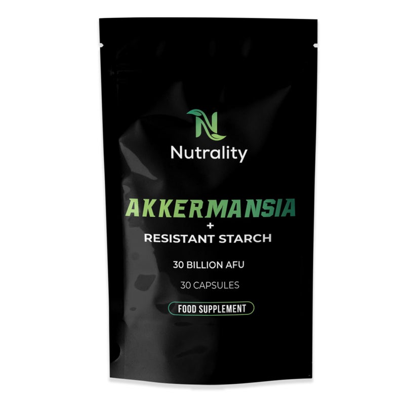 Nutrality Akkermansia Supplement | Probiotics for Gut Health | 30 Billion AFU | Freeze-Dried & Delayed Release | Resistant Starch | Gut Health & Colon Cleanse Support | 30 Capsules